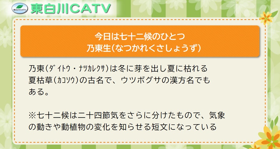 今日は七十二候のひとつ「乃東生(なつかれくさしょうず)」乃東(ダイトウ・ナツカレクサ)は冬に芽を出し夏に枯れる夏枯草(カコソウ)の古名で、ウツボグサの漢方名でもある。※七十二候は二十四節気をさらに分けたもので、気象の動きや動植物の変化を知らせる短文になっている。